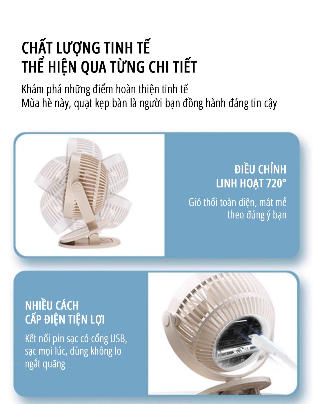 Quạt kẹp tích điện miLife F3A tinh tế từng chi tiết