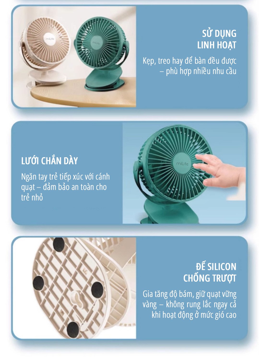 Quạt kẹp tích điện miLife F3A sử dụng linh hoạt