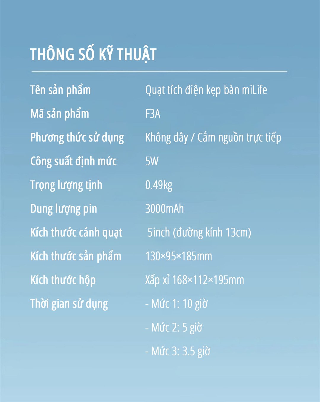 Quạt kẹp tích điện miLife F3A thông số kỹ thuật