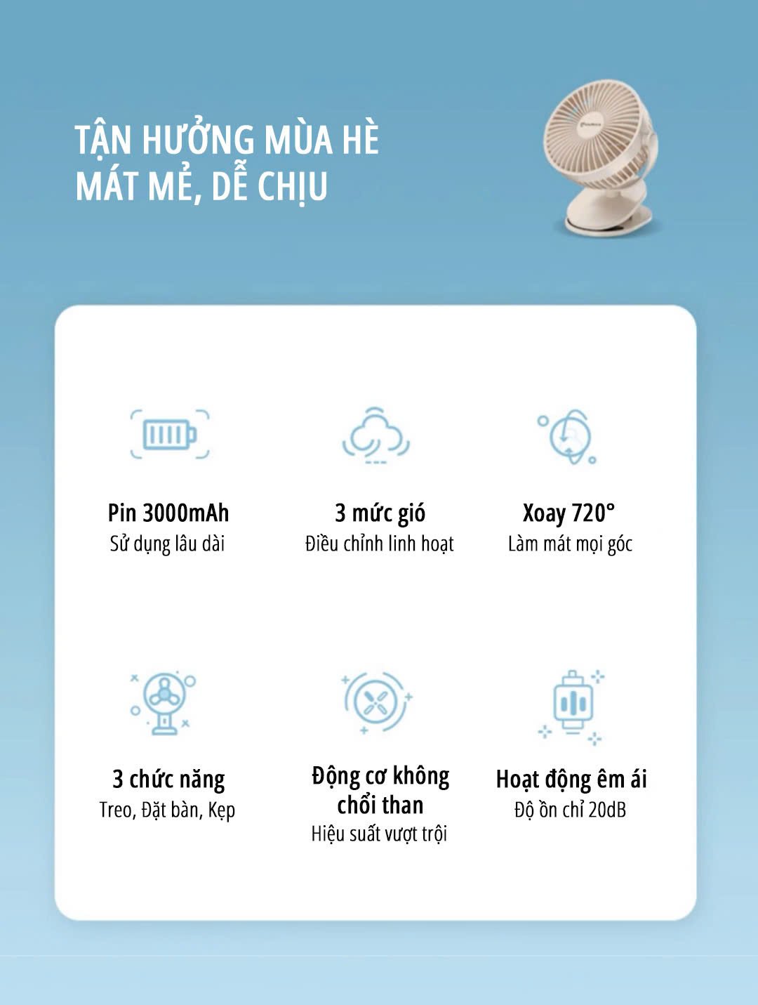 Quạt kẹp tích điện miLife F3A tính năng nổi bật