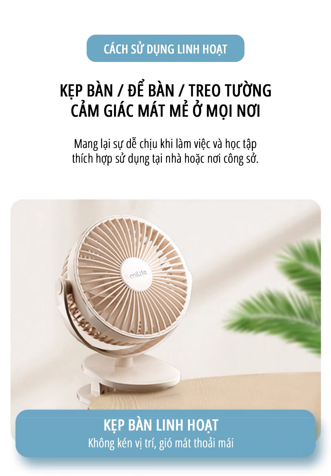 Quạt kẹp tích điện miLife F3A thuận tiện kẹp bàn