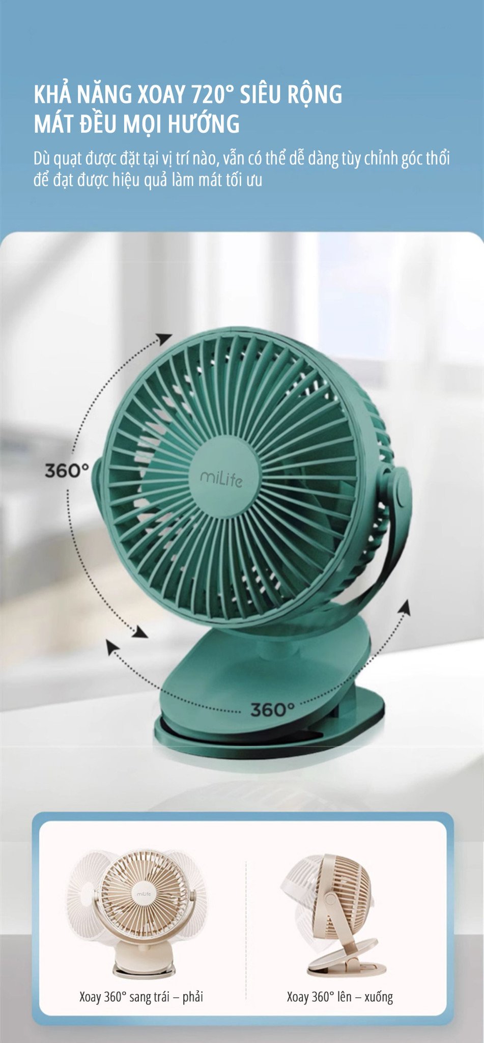 Quạt kẹp tích điện miLife F3A thiết kế xoay 720 độ