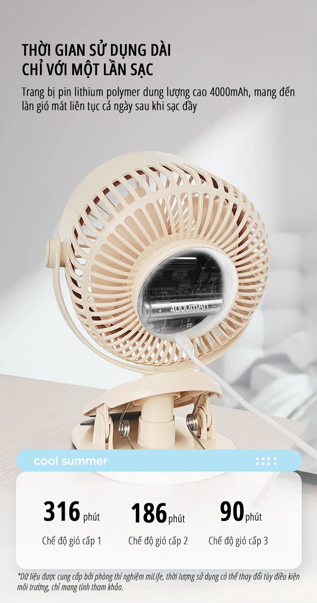 Quạt kẹp tích điện miLife F3B thời gian sử dụng dài