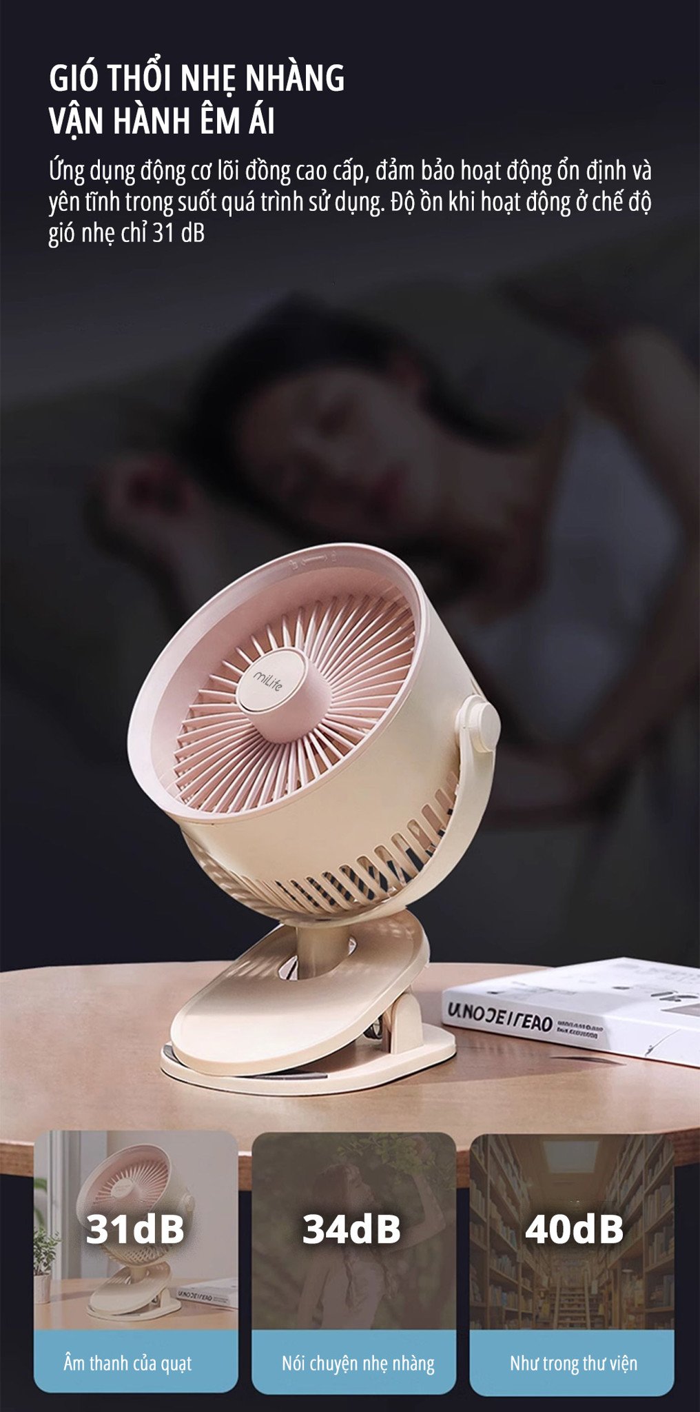 Quạt kẹp tích điện miLife F3B vận hành êm ái