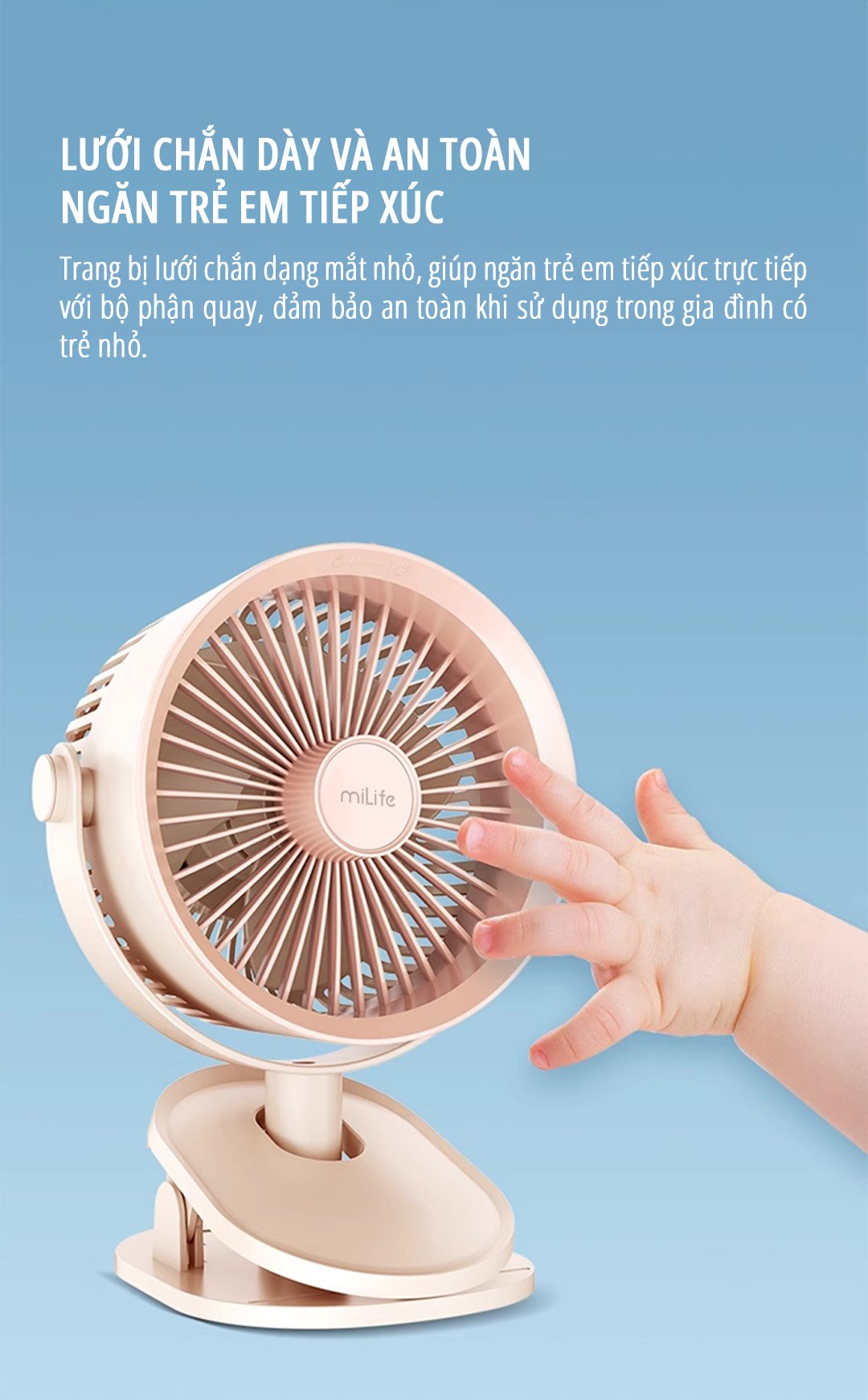 Quạt kẹp tích điện miLife F3B lưới chắn dày dặn an toàn