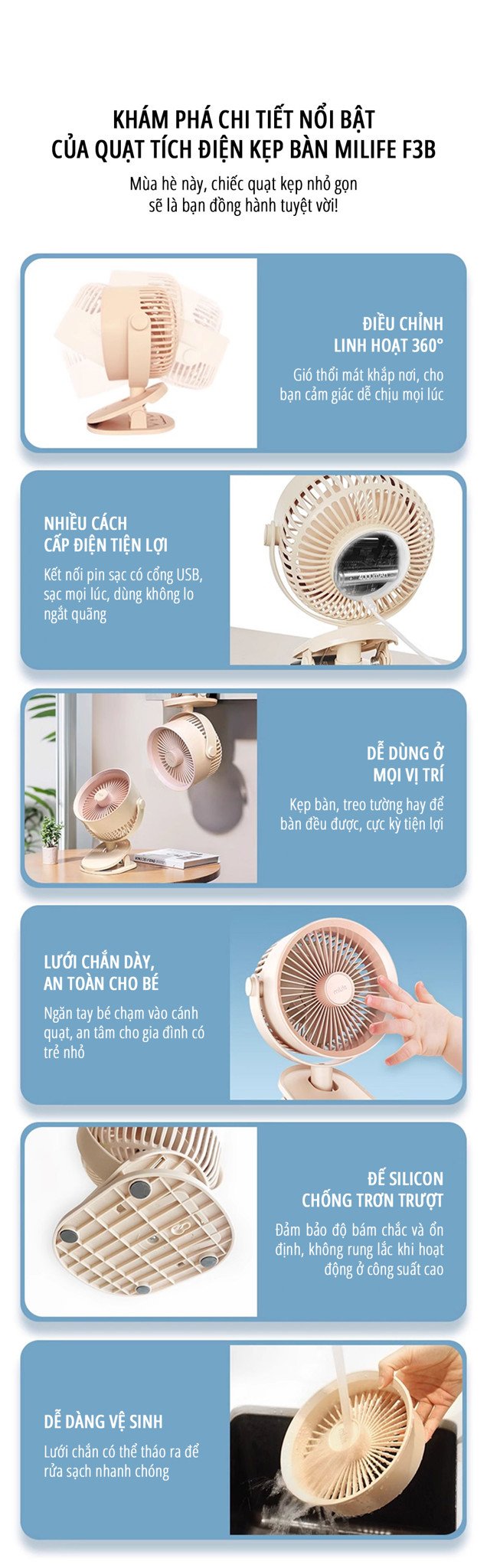 Quạt kẹp tích điện miLife F3B chi tiết tinh tế
