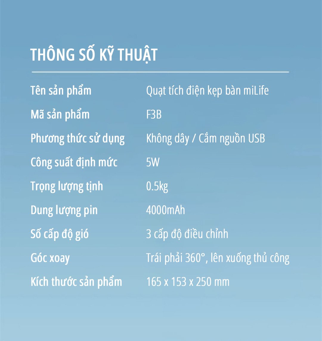 Quạt kẹp tích điện miLife F3B thông số kỹ thuật