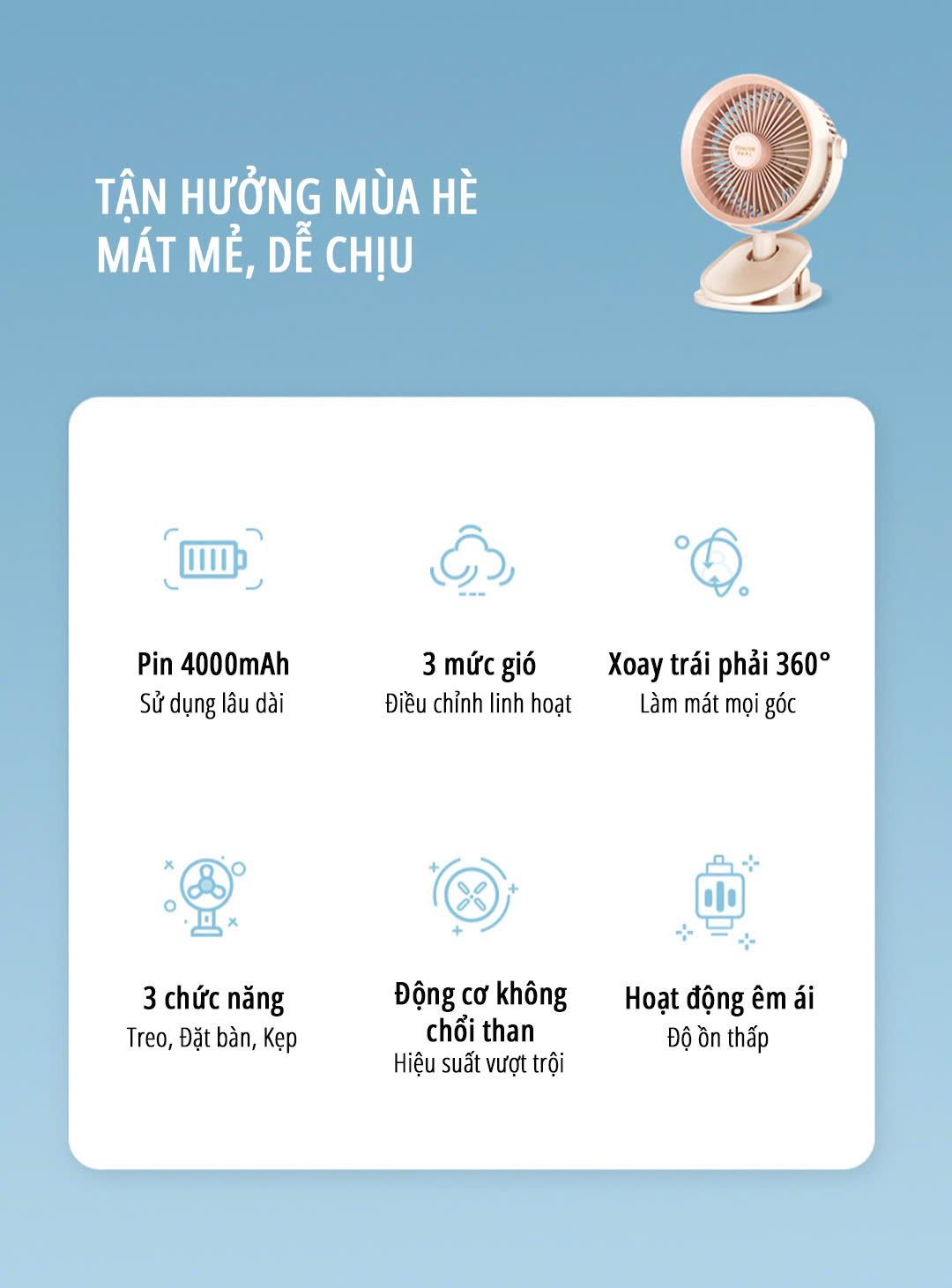 Quạt kẹp tích điện miLife F3B ưu điểm nổi bật