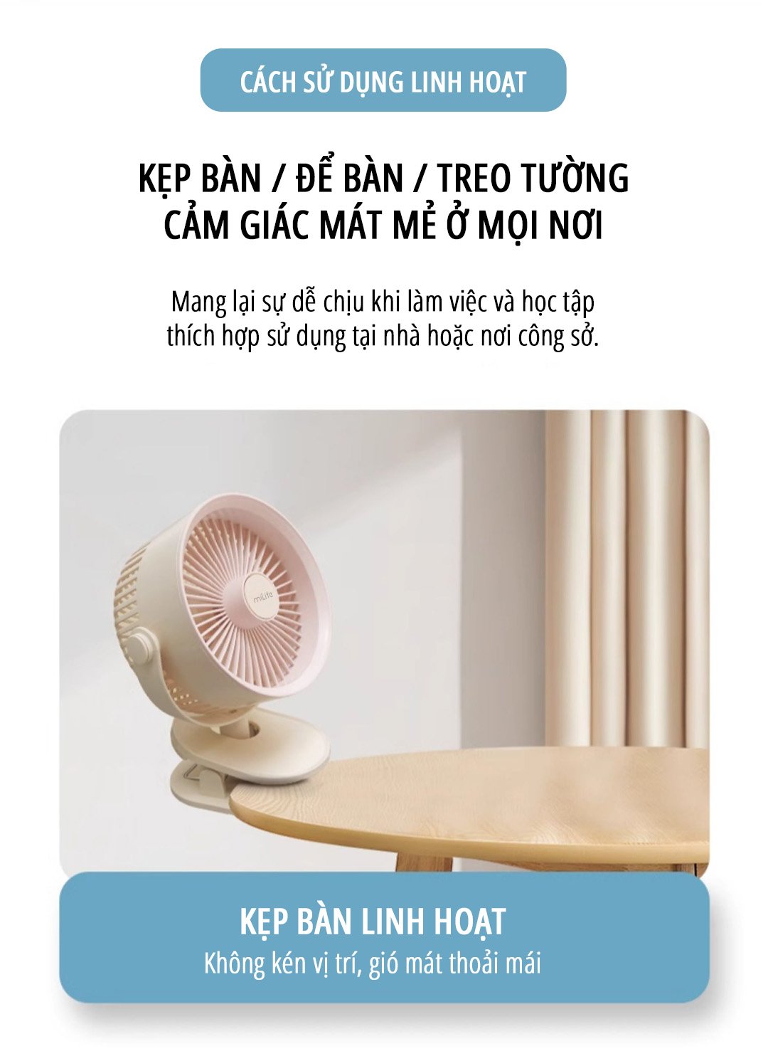 Quạt kẹp tích điện miLife F3B thuận tiện sử dụng