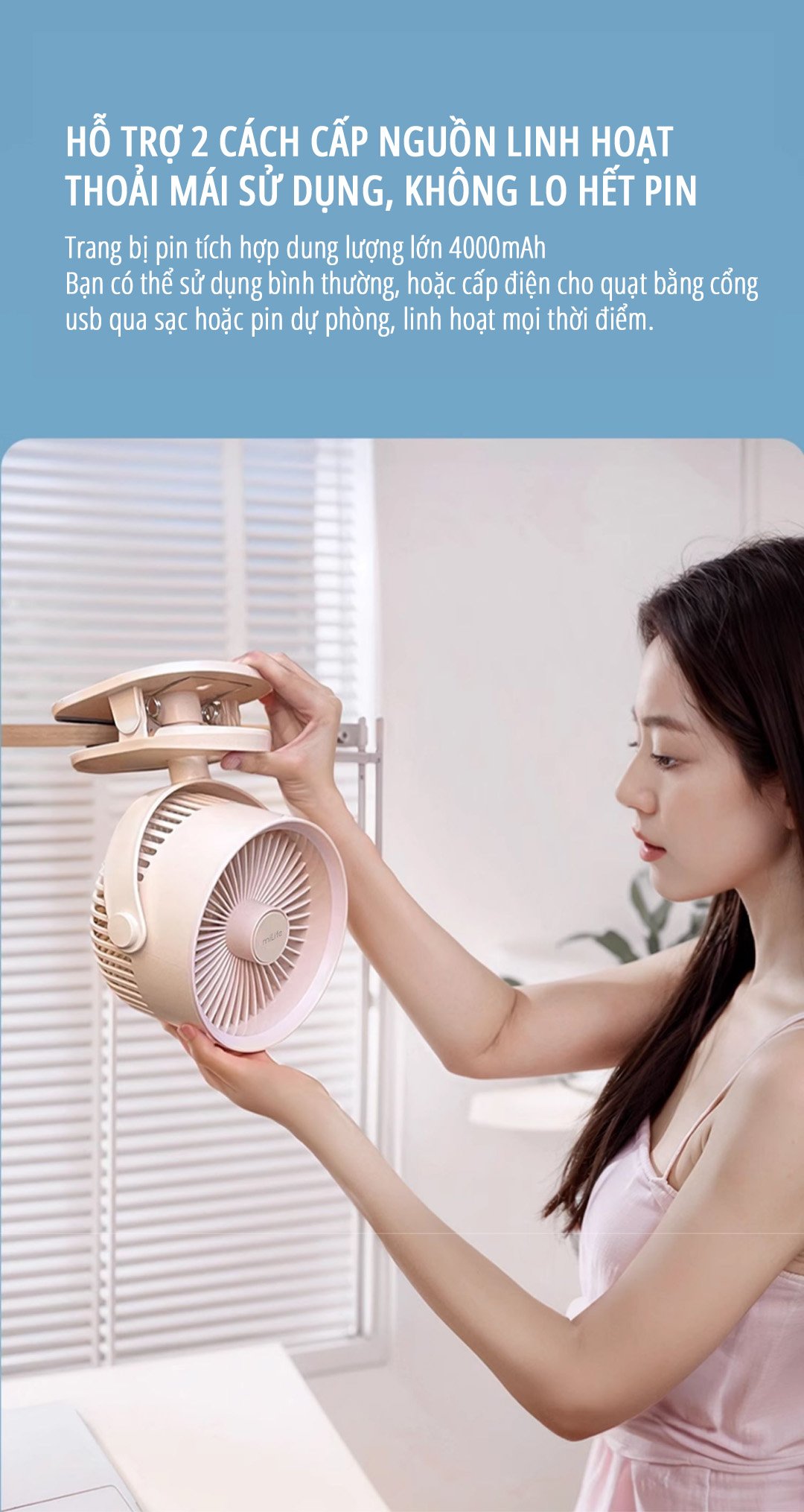 Quạt kẹp tích điện miLife F3B sạc pin 2 cách