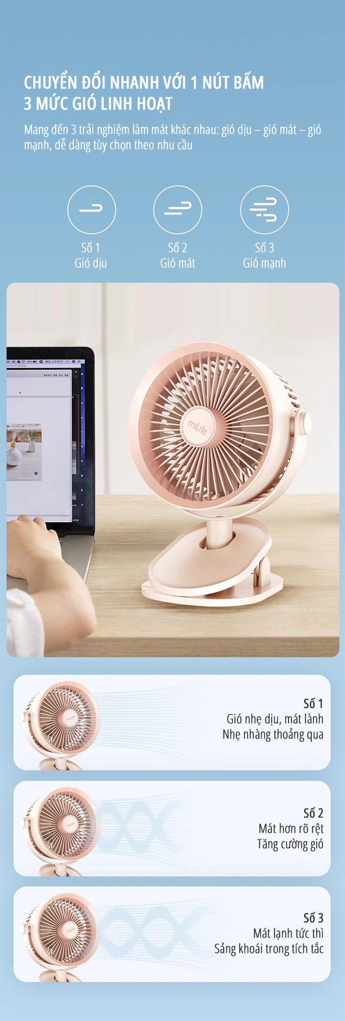 Quạt kẹp tích điện miLife F3B thao tác đơn giản