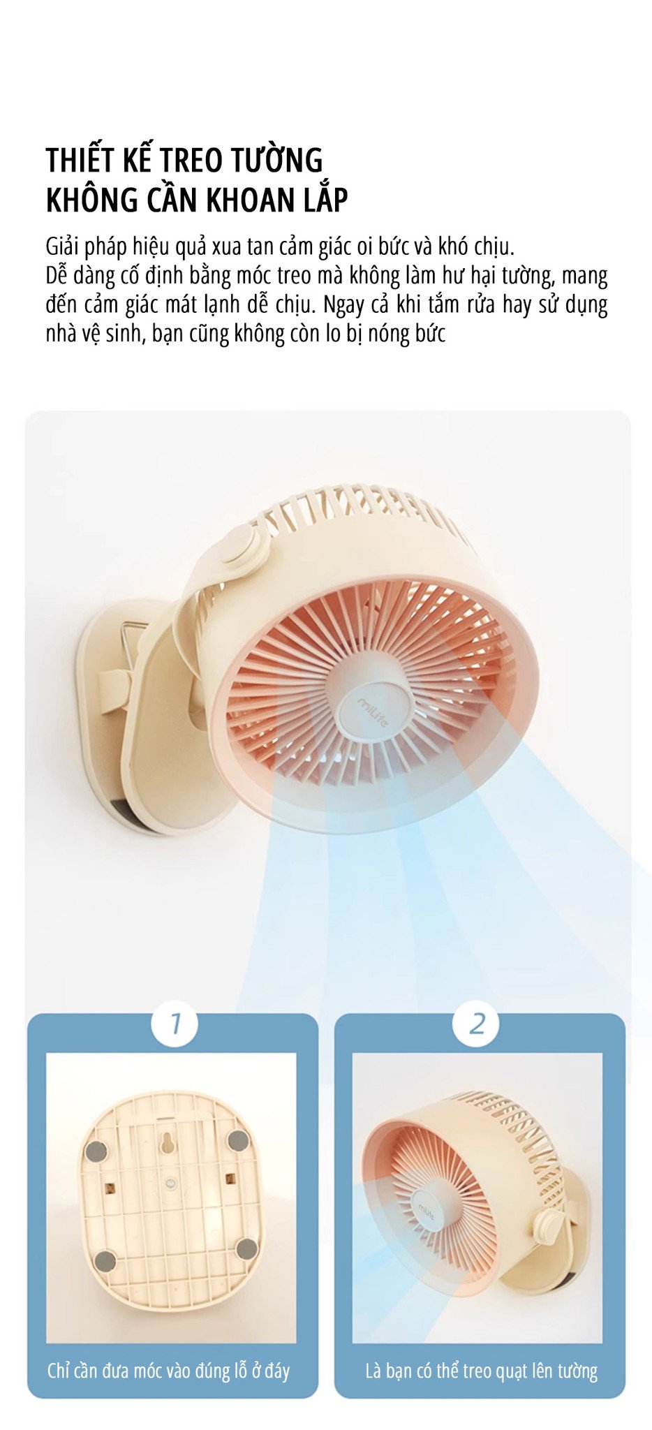 Quạt kẹp tích điện miLife F3B thiết kế treo tường