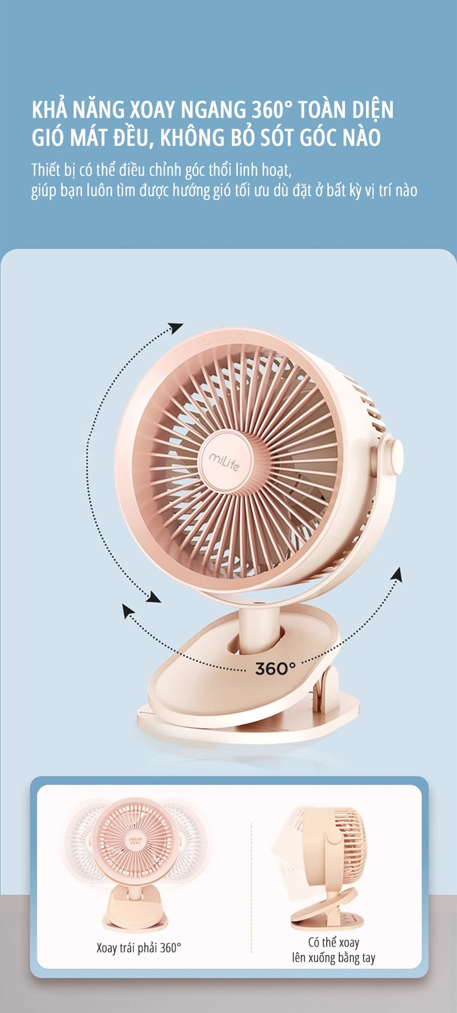 Quạt kẹp tích điện miLife F3B khả năng xoay ngang