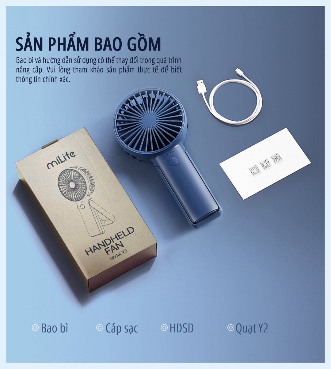 Quạt mini cầm tay miLife Y2 trọn bộ sản phẩm