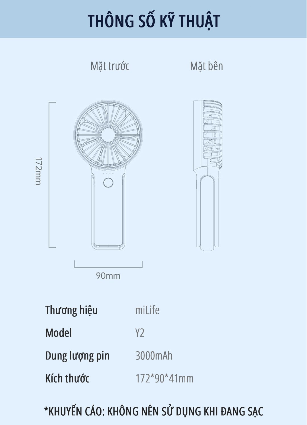 Quạt mini cầm tay miLife Y2 thông số kỹ thuật
