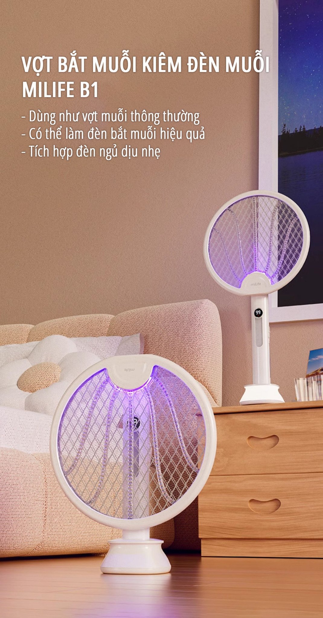 Vợt bắt muỗi kiêm đèn muỗi miLife B1