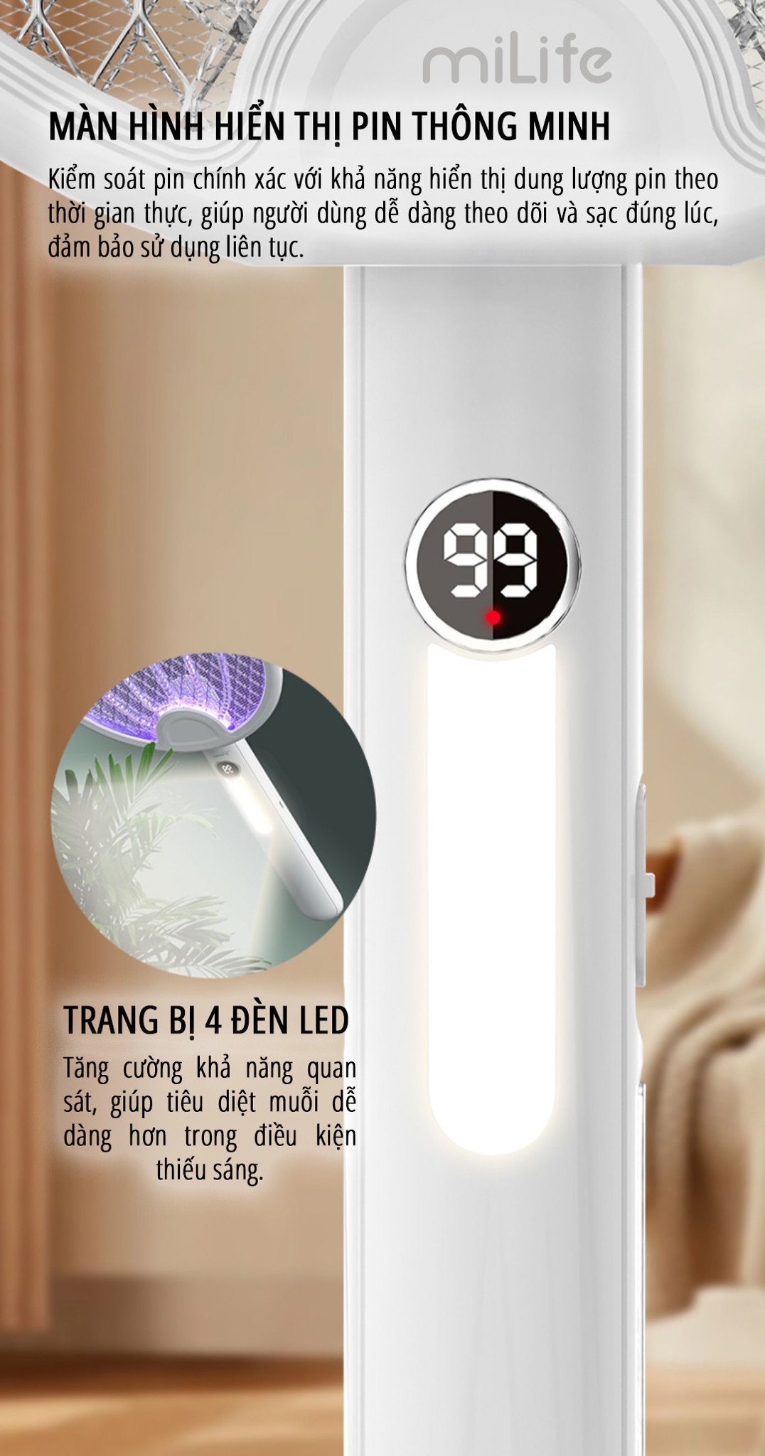Vợt bắt muỗi kiêm đèn muỗi miLife B1 màn hình hiển thị