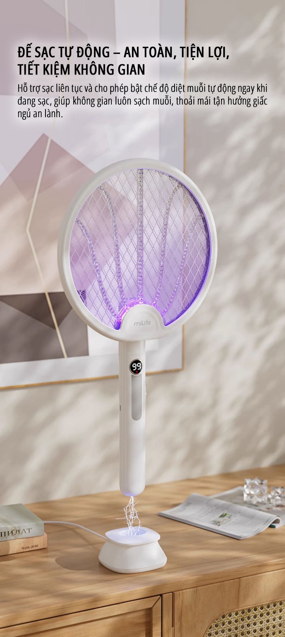 Vợt bắt muỗi kiêm đèn muỗi miLife B1 đế sạc tự động