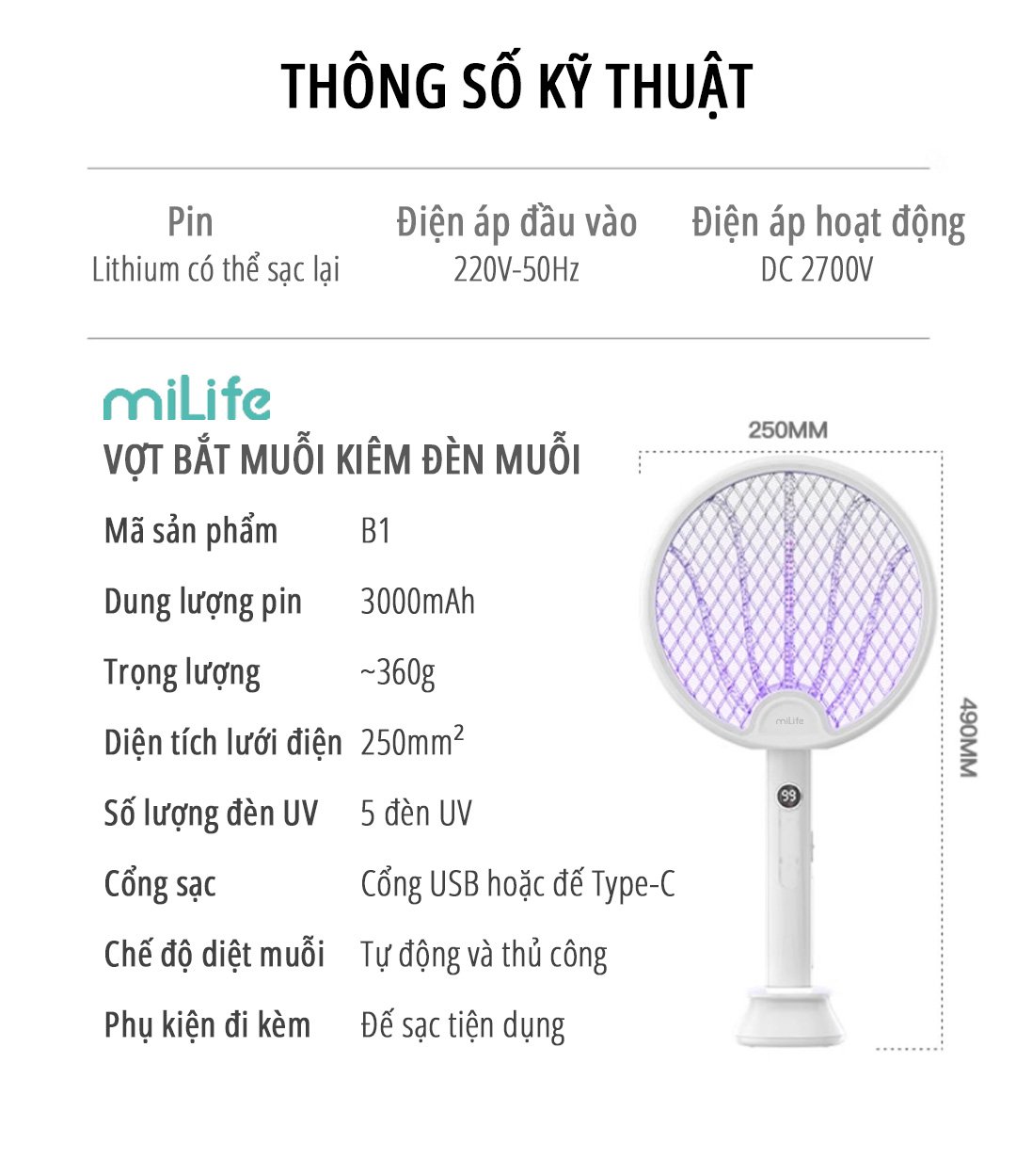 Vợt bắt muỗi kiêm đèn muỗi miLife B1 thông số kỹ thuật