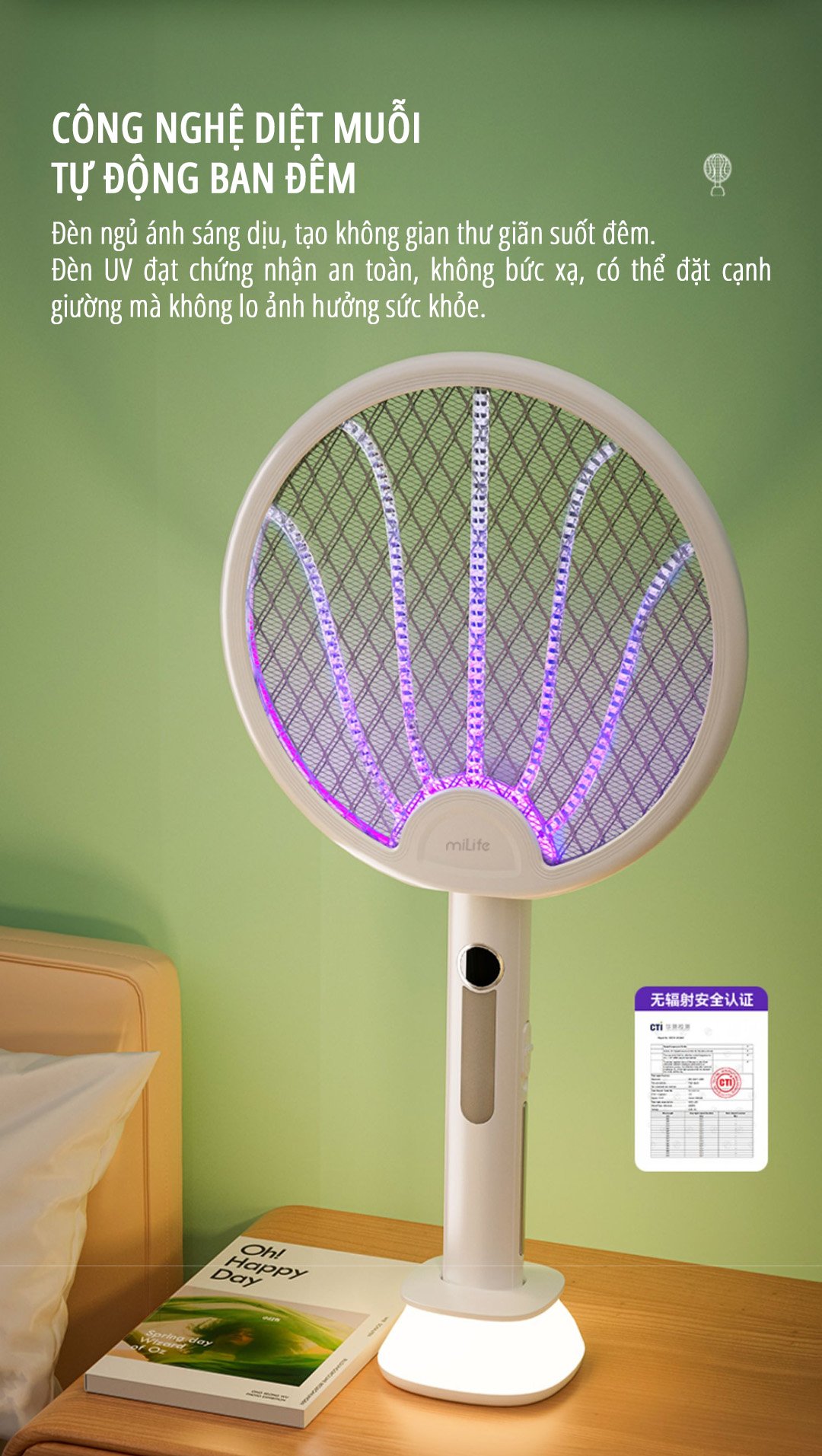 Vợt bắt muỗi kiêm đèn muỗi miLife B1 công nghệ diệt muỗi tự động