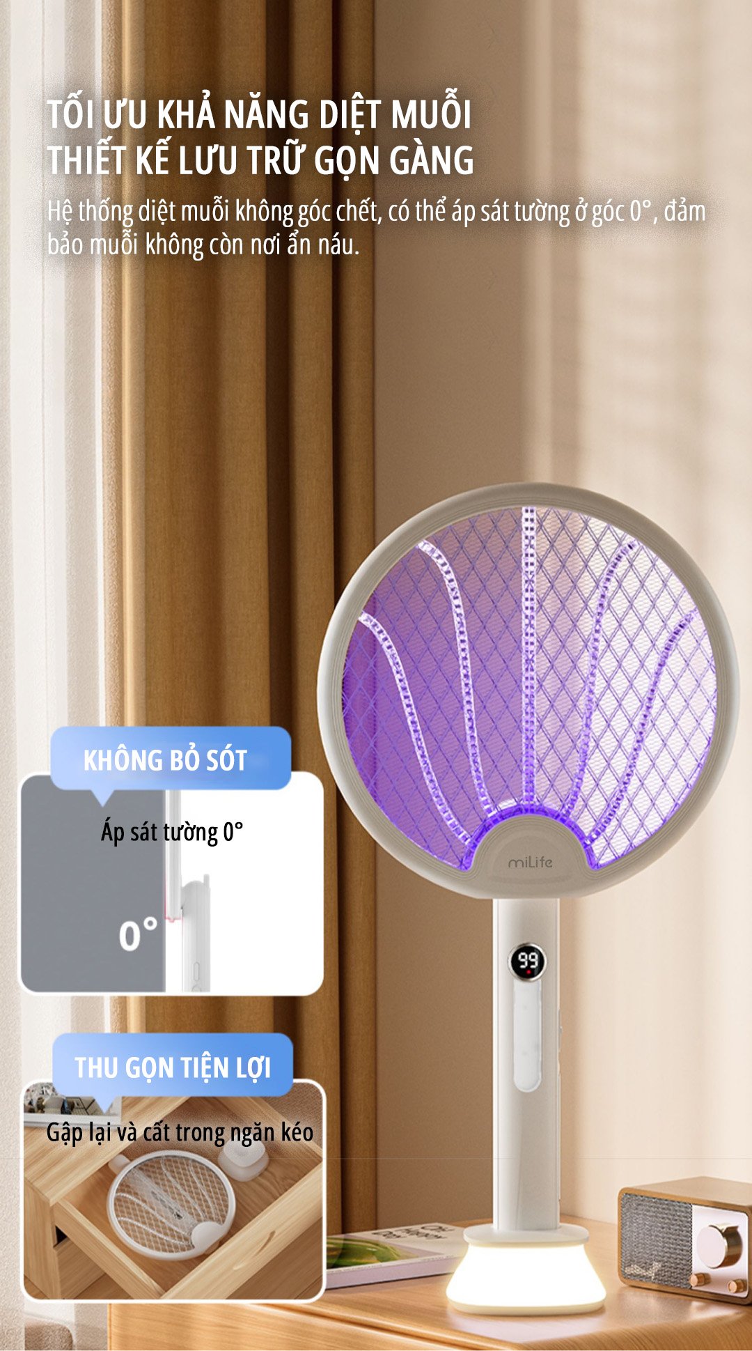 Vợt bắt muỗi kiêm đèn muỗi miLife B1 tối ưu khả năng diệt muỗi