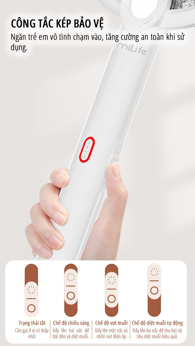 Vợt bắt muỗi kiêm đèn muỗi miLife B2 công tắc bảo vệ