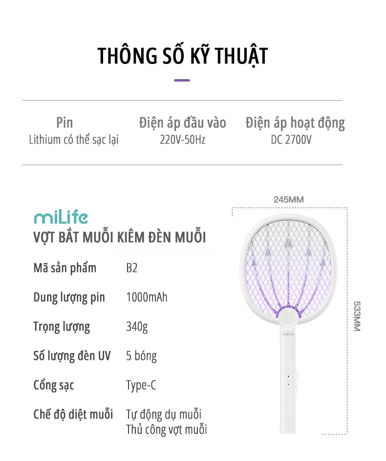 Vợt bắt muỗi kiêm đèn muỗi miLife B2 thông số kỹ thuật