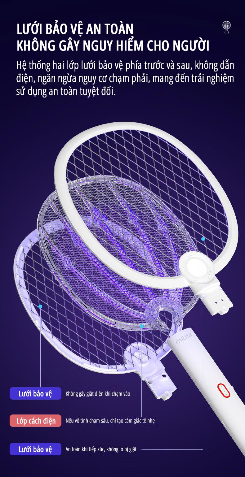 Vợt bắt muỗi kiêm đèn muỗi miLife B2 lưới an toàn