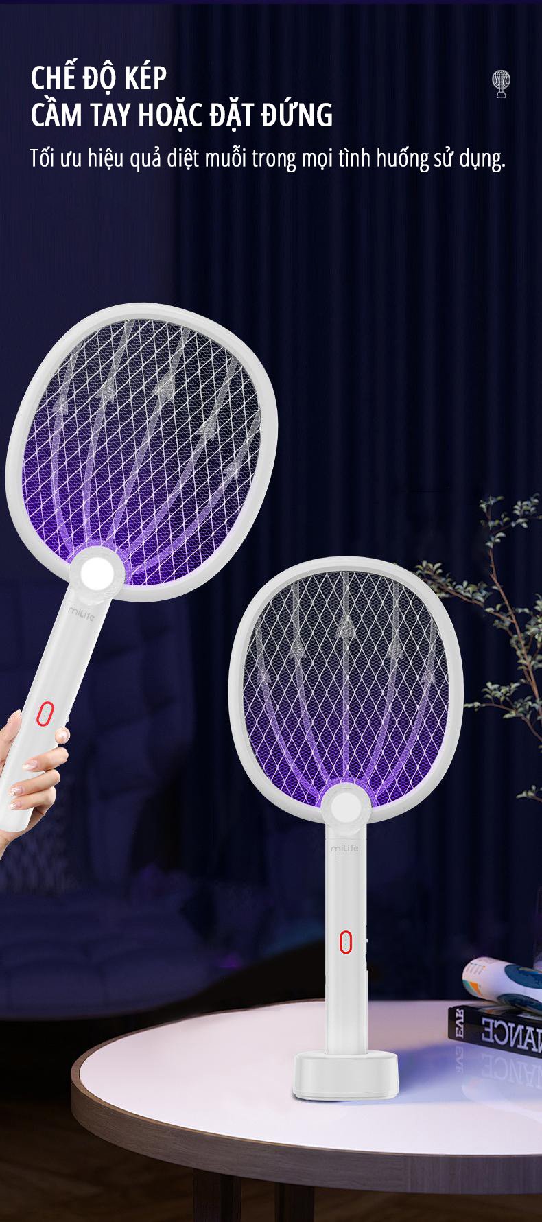 Vợt bắt muỗi kiêm đèn muỗi miLife B2 chế độ kép