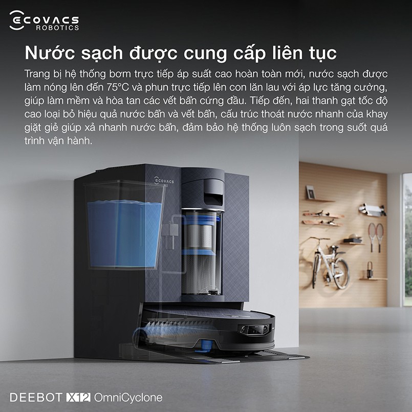 Ecovacs Deebot X12 OmniCyclone cung cấp nước sạch liên tục