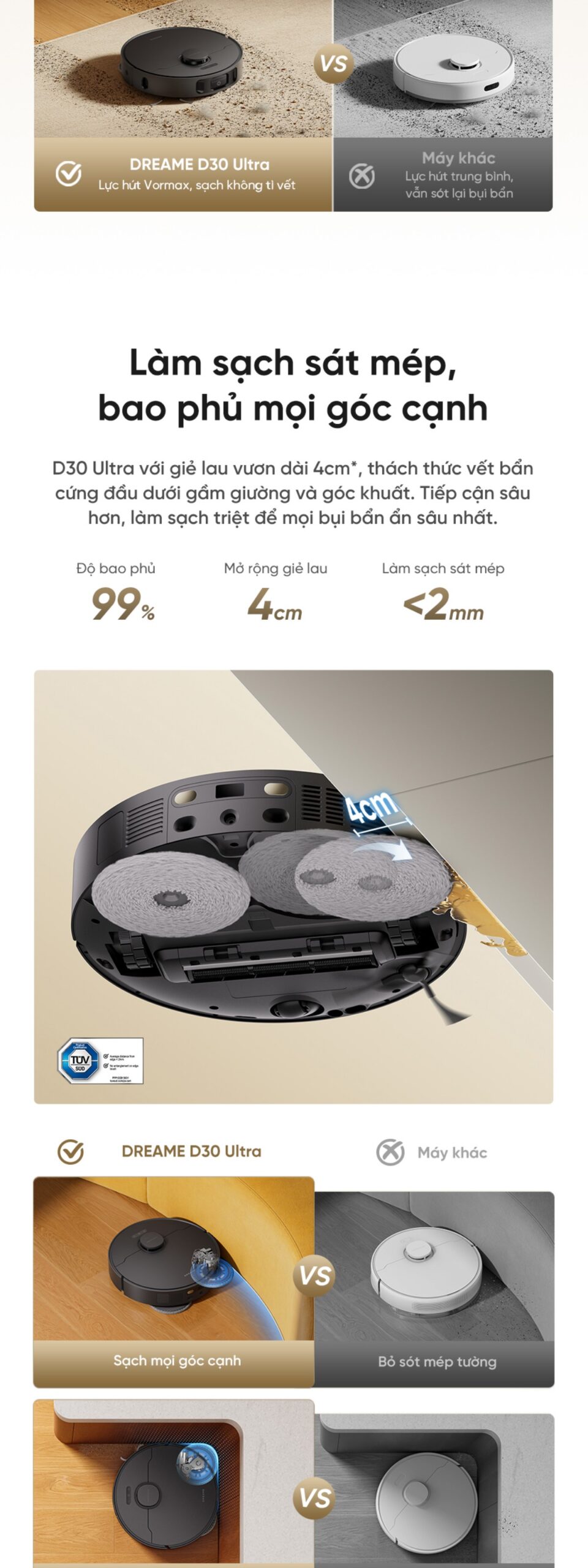 Dreame D30 Ultra khả năng lau mạnh mẽ