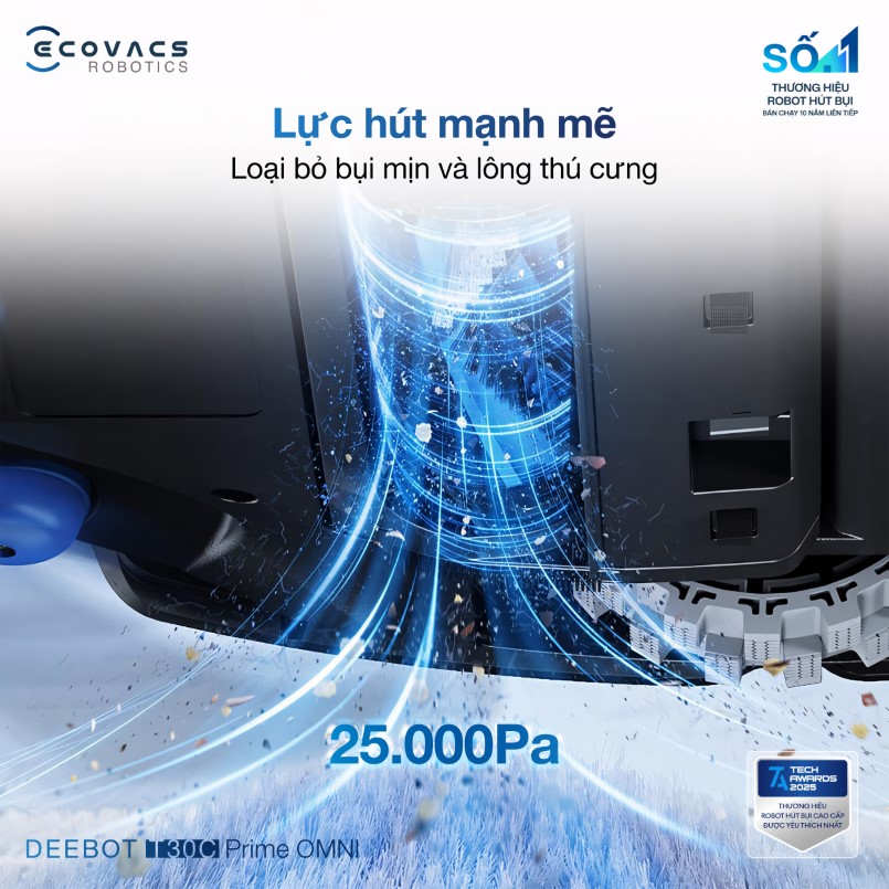 Ecovacs Deebot T30C Prime Omni lực hút mạnh mẽ