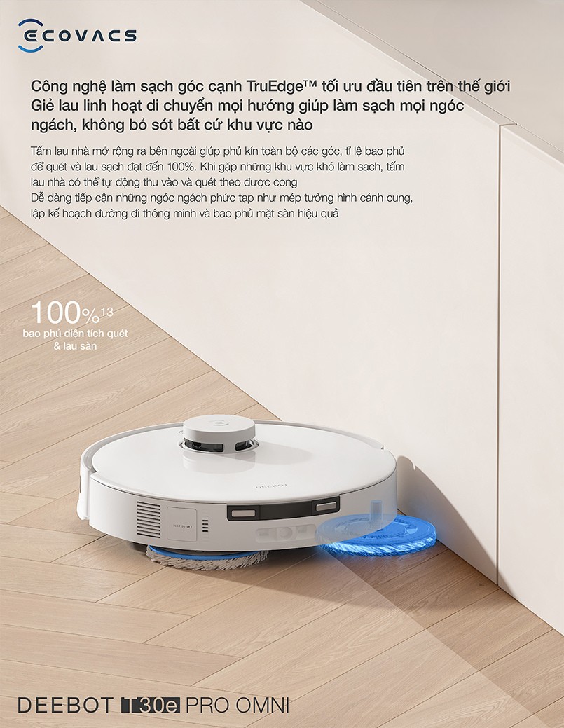 Ecovacs Deebot T30e Pro Omni công nghệ làm sạch góc cạnh