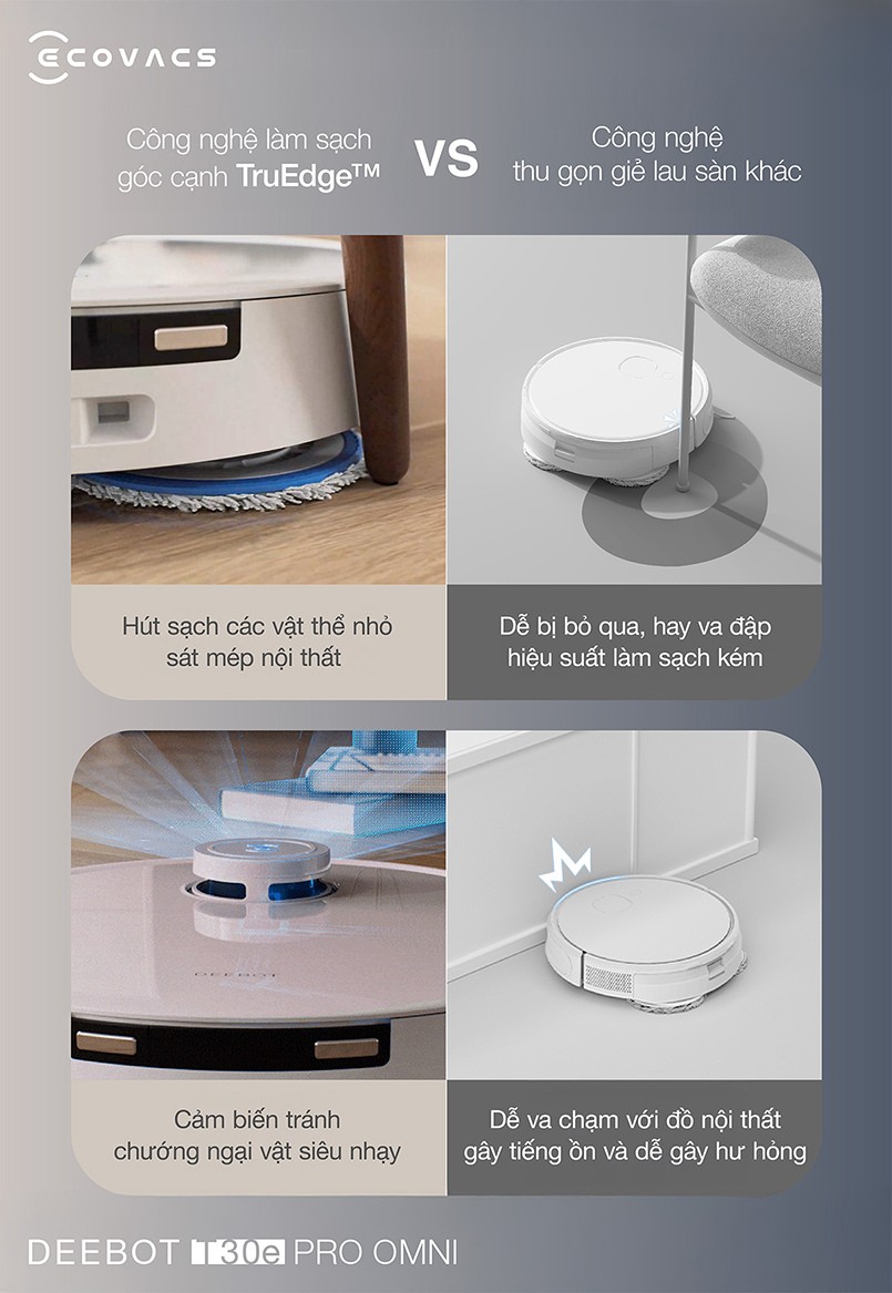 Ecovacs Deebot T30e Pro Omni công nghệ làm sạch góc cạnh