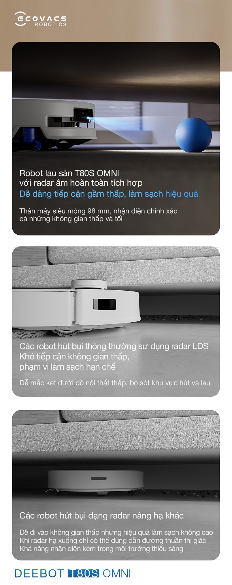 Ecovacs Deebot T80S Omni làm sạch gầm thấp