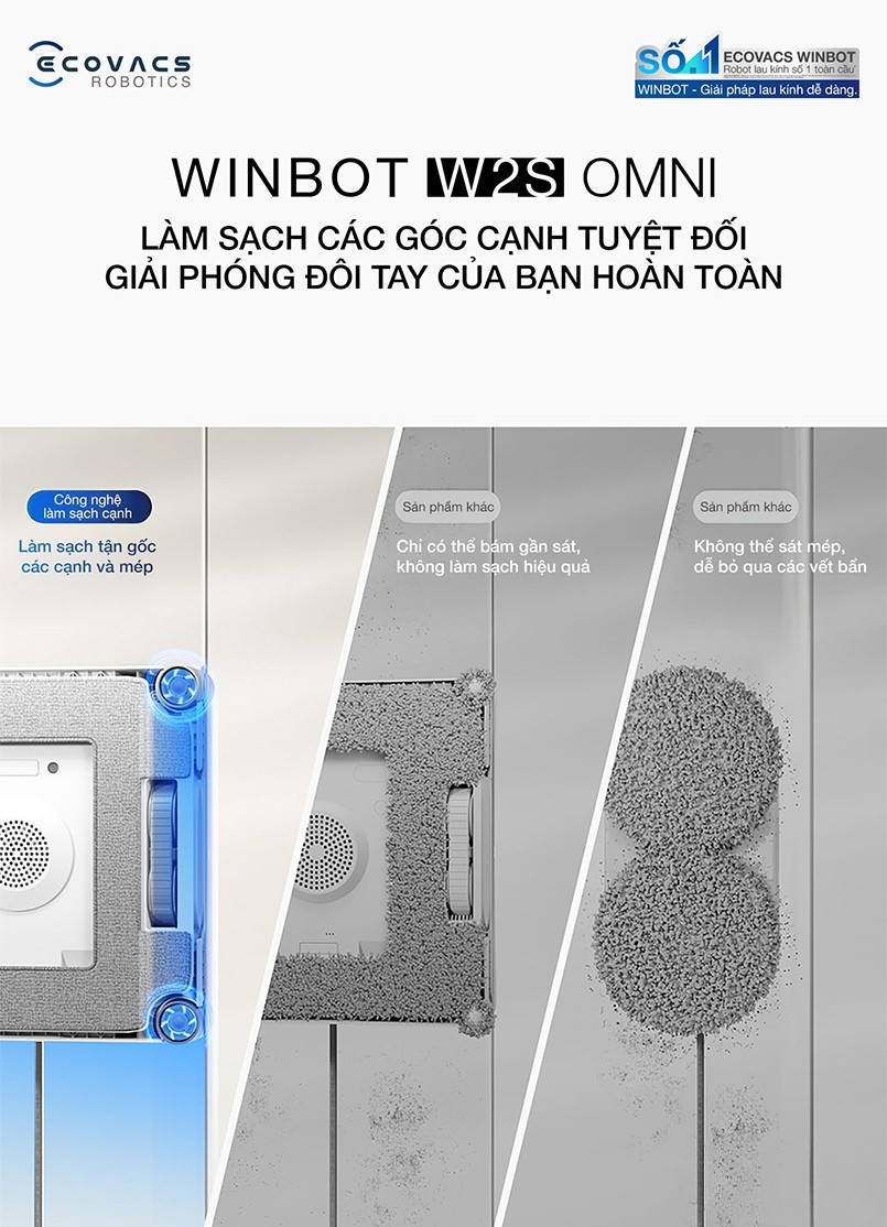 Robot lau kính Ecovacs Winbot W2S Omni 2027 - Bản Quốc Tế Ecovacs Winbot W2S Omni làm sạch góc cạnh