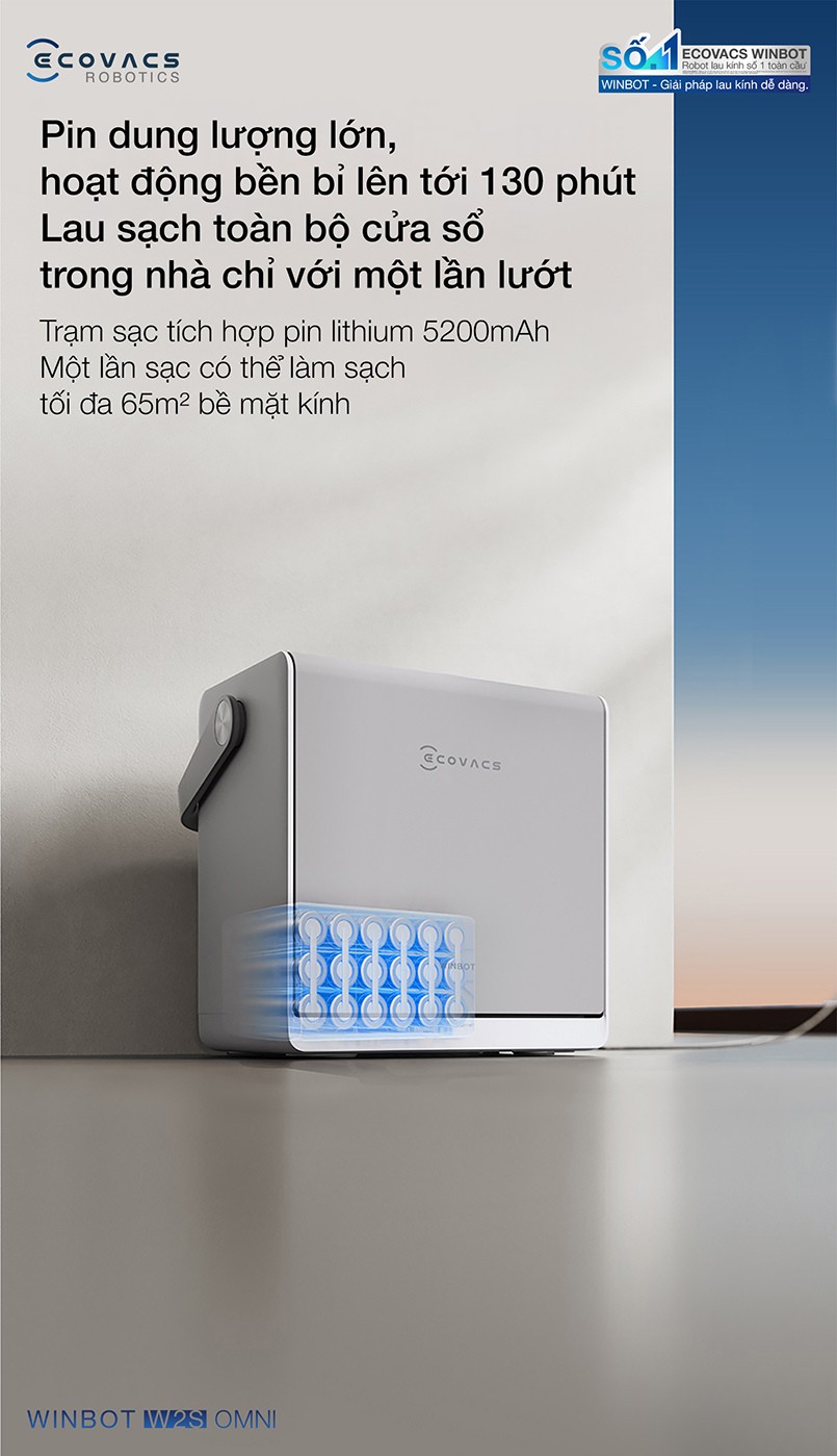 Ecovacs Winbot W2S Omni pin dung lượng lớn